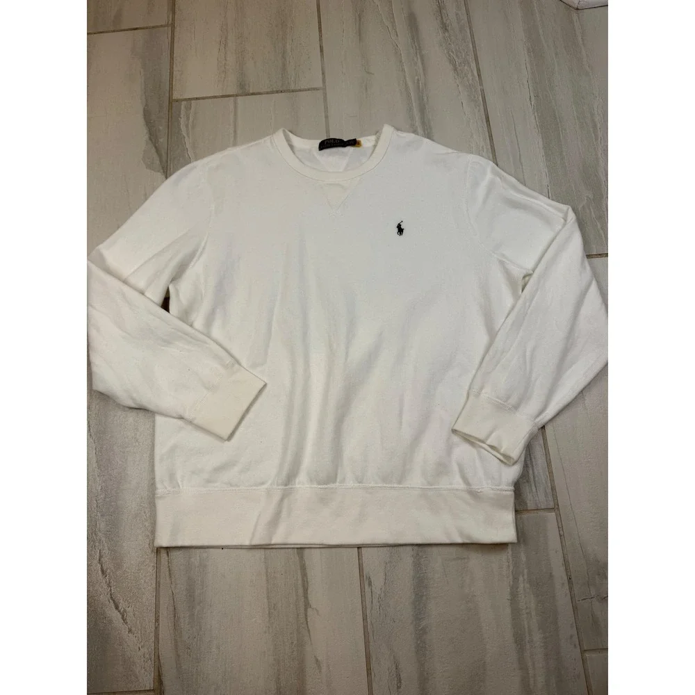 Polo Ralph Lauren White Crewneck Sweatshirt Mens XL Navy Blue Pony Logo Fleece